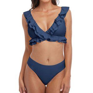 NWT Charmo | Blue Ruffle V-Neck Bikini Top & Bottoms - medium